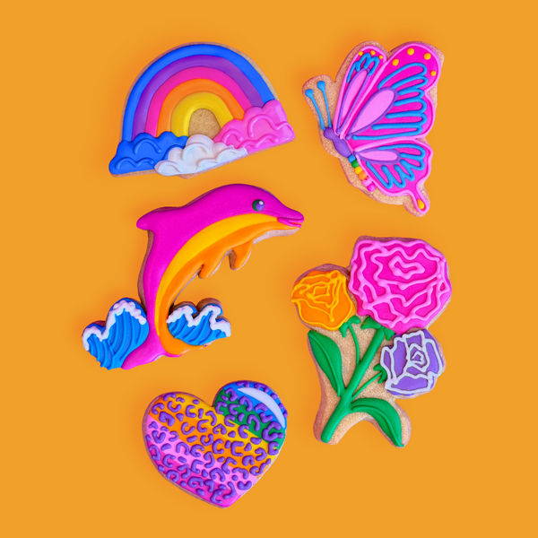 Colorful illustrations of a rainbow, dolphin, butterfly, and flowers on an orange background